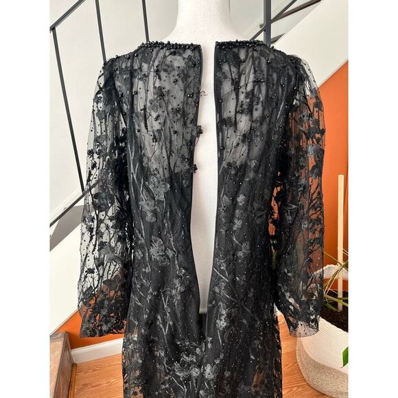 Mac Duggal Puff Sleeve A Line Embroidered Gown Size 14 Black Formal 20430 NEW - Picture 12 of 16